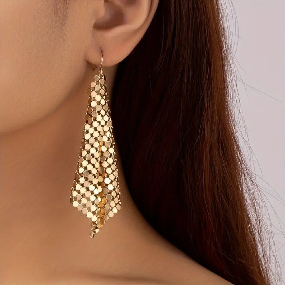 NEW mesh chain earrings, gold dangle drop earrings, trendy jewelry, preppy